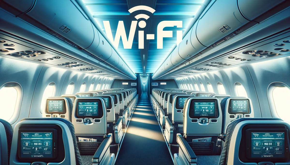 Aircraft cabin with seatback screens and a Wi-Fi symbol